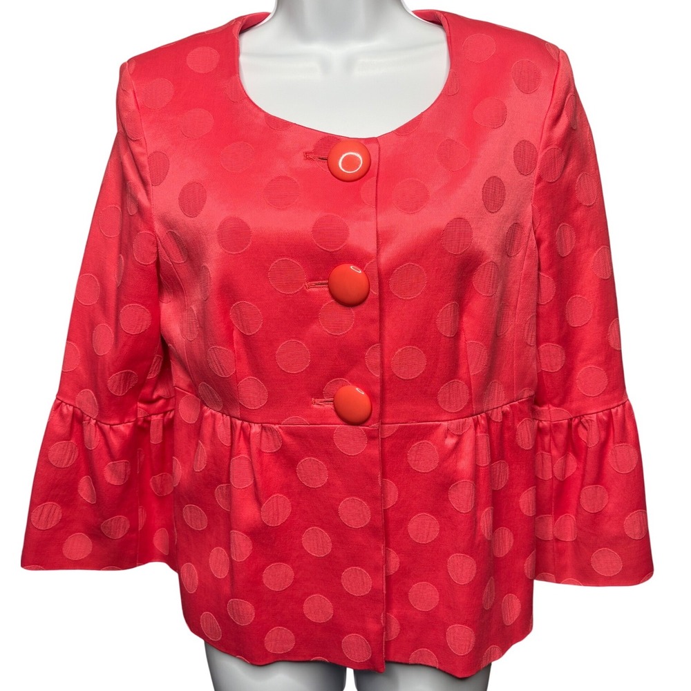 CHARLES GRAY London Womens Coral Polka Dot Peplum Jacket M Bell Sleeve Jackie O